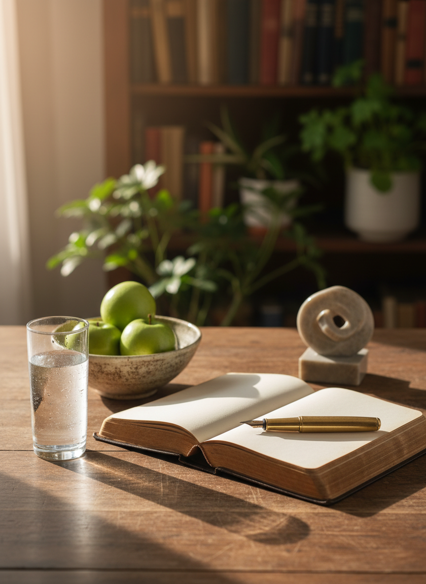 A well-worn hardwood desk with a single open leather-bound journal at its center, its cream pages blank except for a small, neatly placed brass fountain pen resting diagonally. Around the journal, a ceramic bowl with fresh green apples, a slim glass of water with condensation, and a small stone sculpture of an intertwined circle and square subtly hint at wealth, health, relationships, and life. Soft morning sunlight pours in from an unseen window to the left, casting long, gentle shadows and a quiet glow across the desk. Photographic realism, shot from a slightly elevated eye-level angle with a shallow depth of field, creating a sophisticated, calm, and contemplative mood, with the background fading into a soft bokeh of bookshelves and plants.