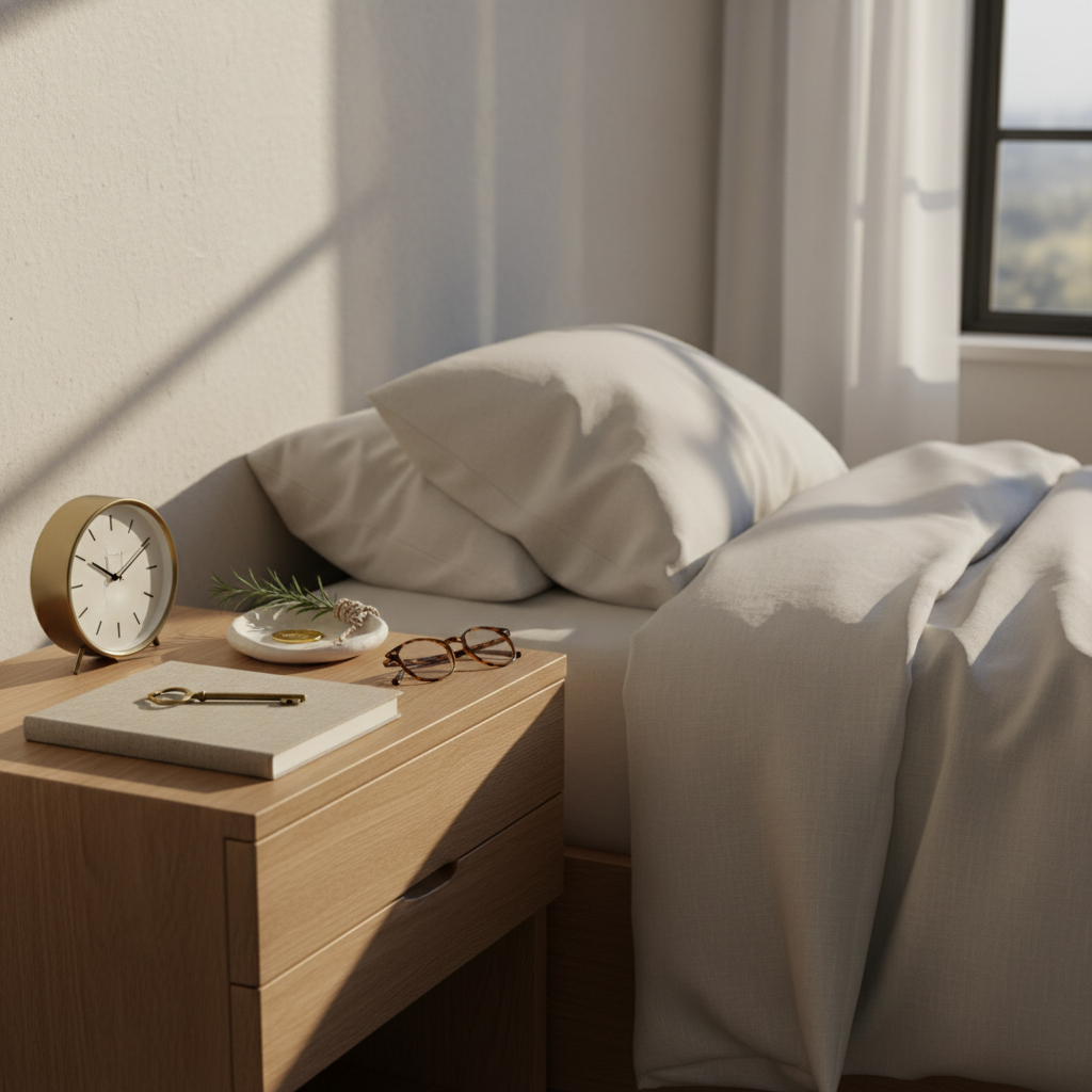 A minimalist wooden nightstand beside an unmade bed, featuring a simple analog clock, a closed linen-covered notebook, a single polished key, and a pair of folded reading glasses arranged thoughtfully on the surface. Beside them lies a delicate ceramic dish containing a gold coin, a tiny sprig of rosemary, and a small braided cord, symbolizing wealth, health, and relationships. Early golden hour light filters through sheer curtains, creating warm highlights on the objects and soft, elongated shadows on the wall. Photographic realism, composed with the rule of thirds from a slightly elevated angle, evoking a sophisticated, intimate atmosphere of daily reflection and quiet end-of-day introspection, with the bed and window softly blurred in the background.